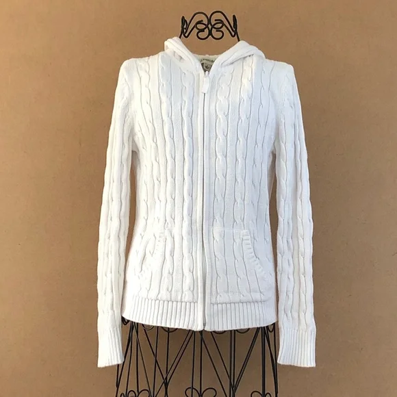 St. John's Bay Full Zip Hooded White Cable Knit Women's Cardigan - Picture 1 of 11